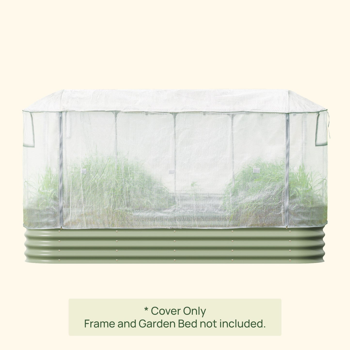 Clear frost protection cover with built-in trellis frame sheltering young climbing plants in a garden bed