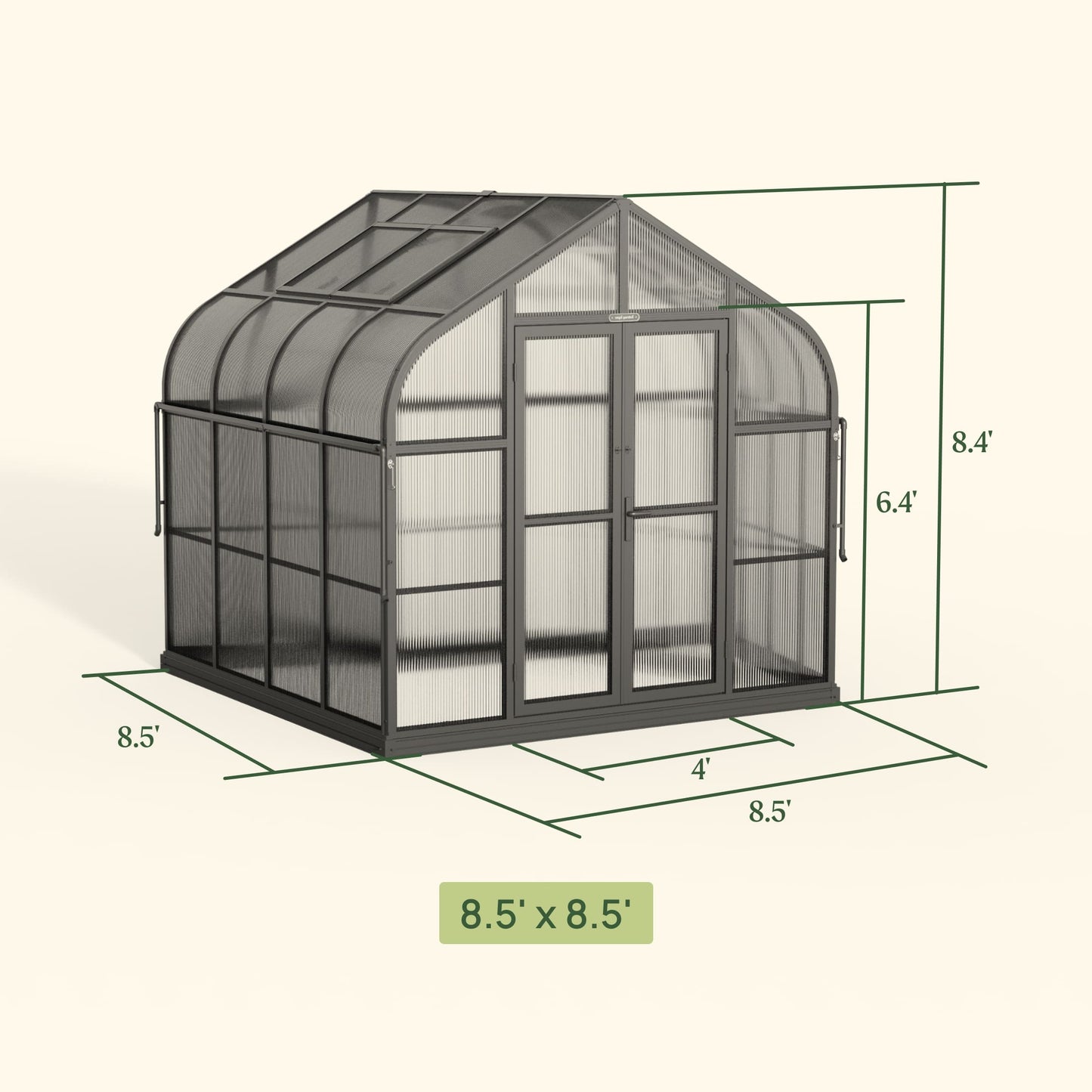 8.5ft wide Pacific-style greenhouse with clear panels and green frame set on a garden lawn