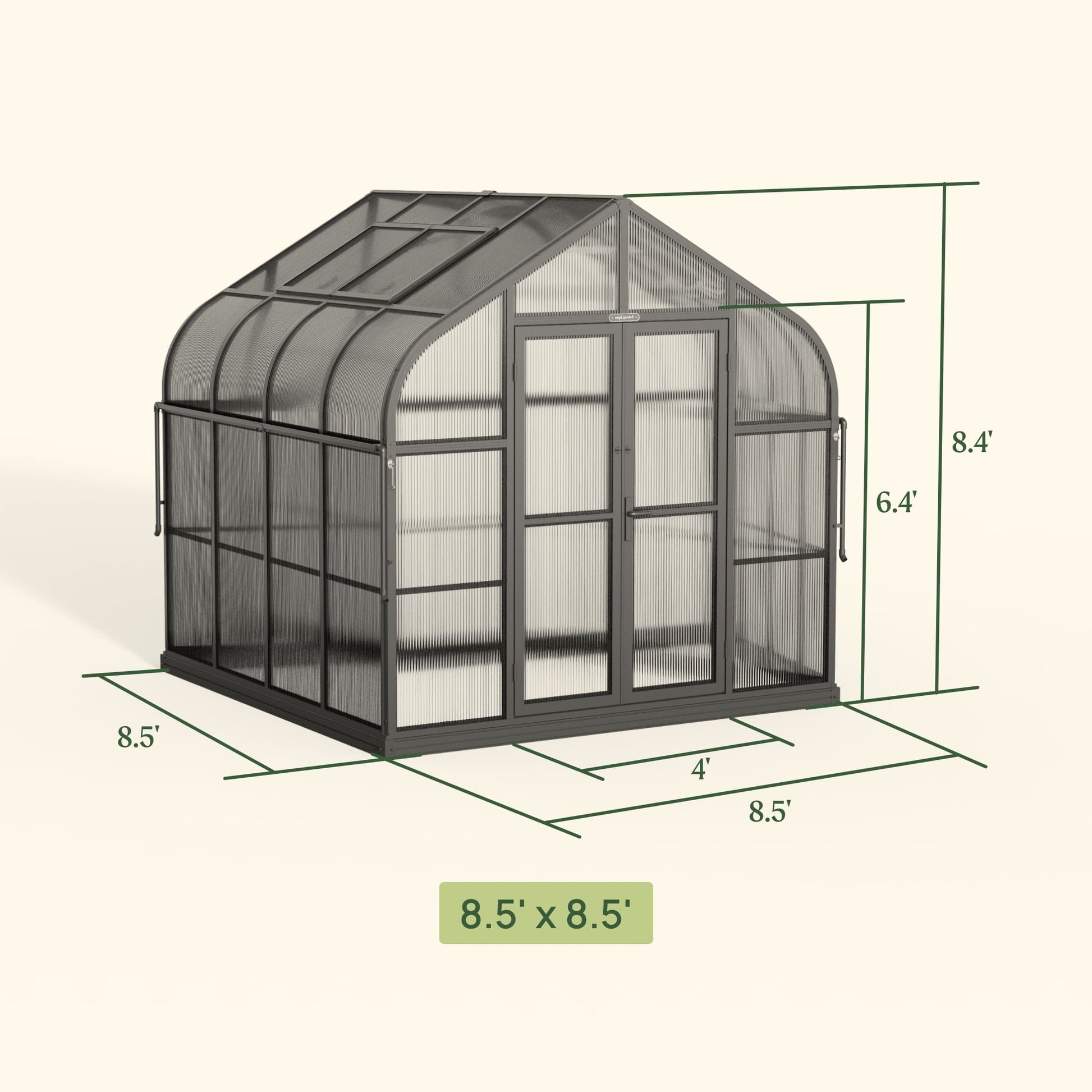 8.5ft wide Pacific-style greenhouse with clear panels and green frame set on a garden lawn