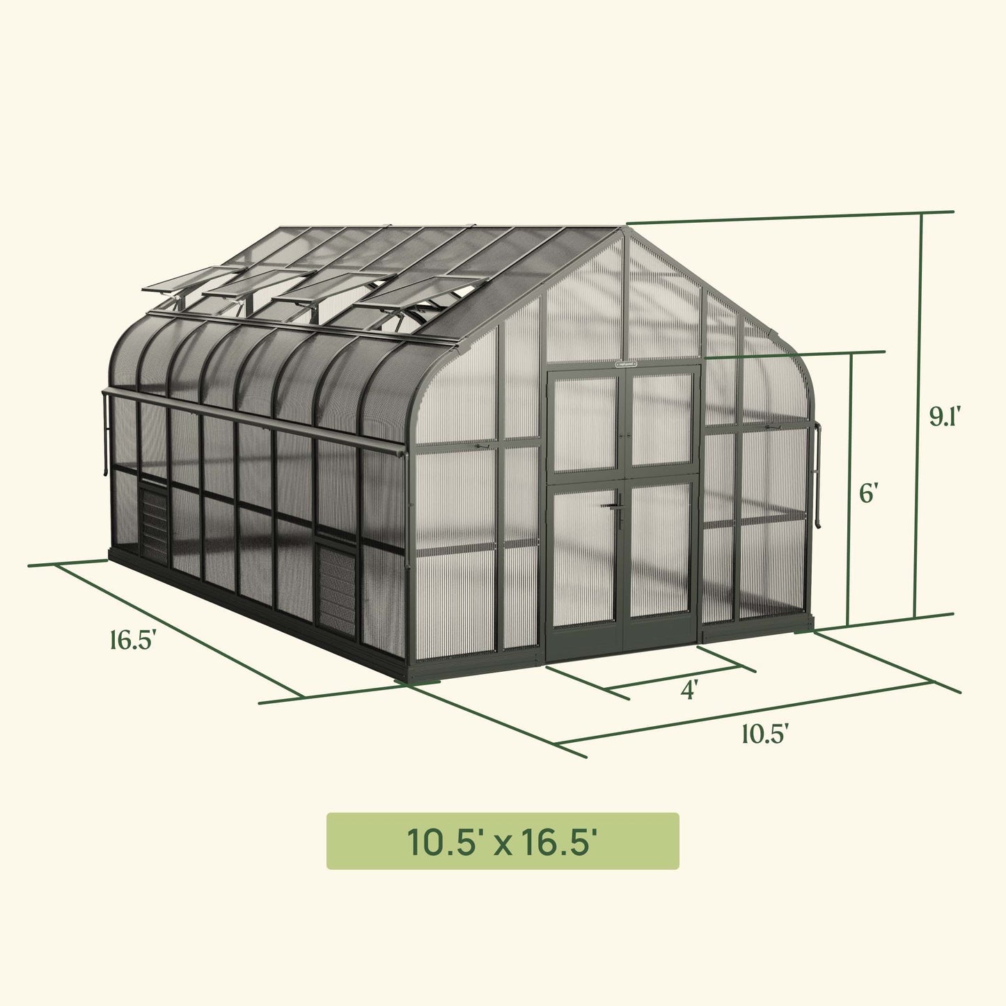 10.5 ft wide Pacific greenhouse exterior in Pacific green with double doors and peaked roof