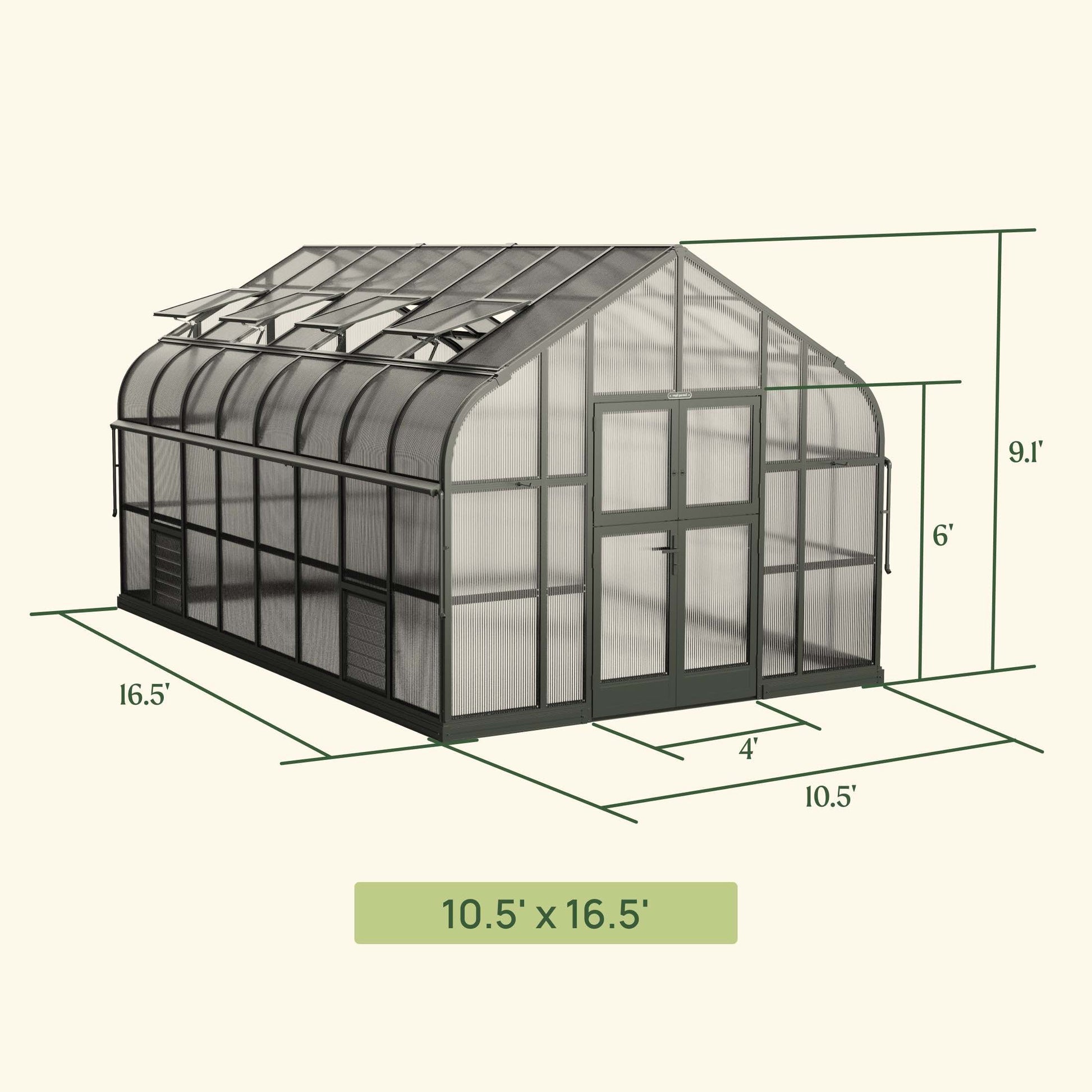 10.5 ft wide Pacific greenhouse exterior in Pacific green with double doors and peaked roof