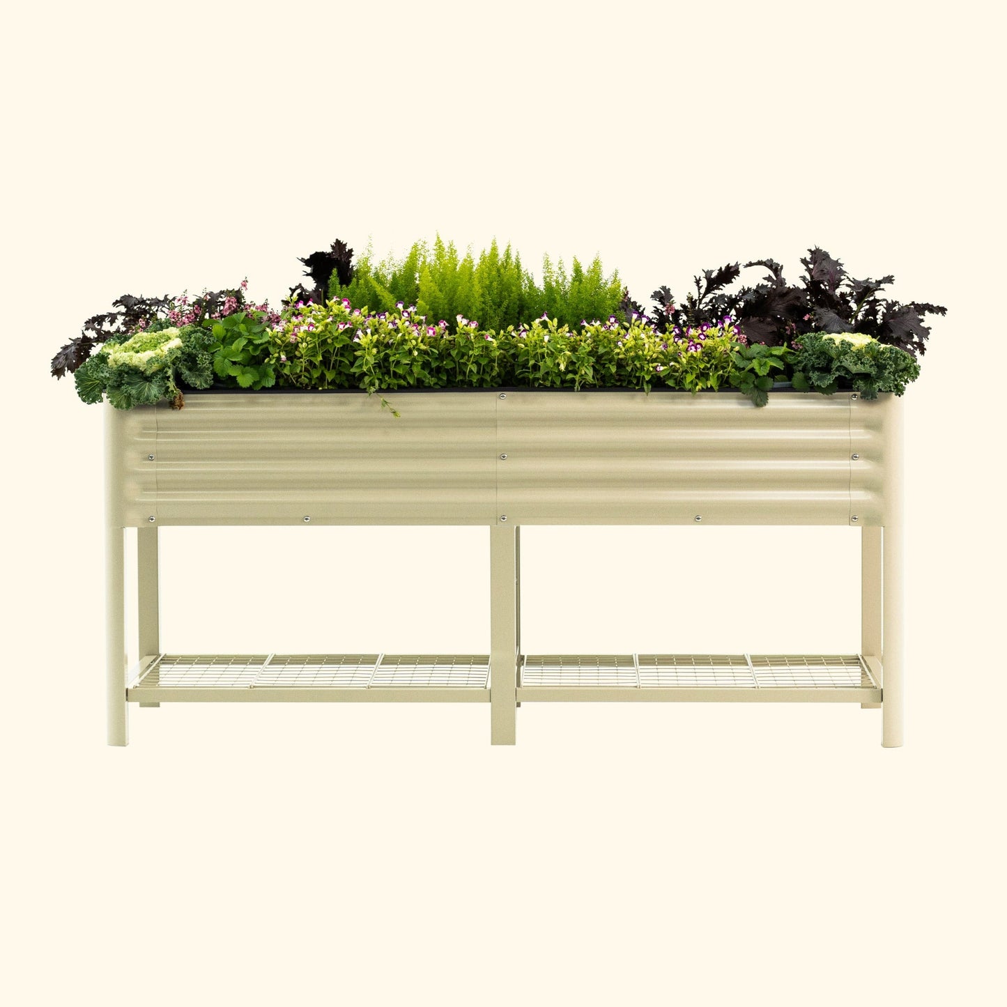 Long raised wooden garden bed planter 2x6 feet filled with herbs and vegetables on a backyard patio