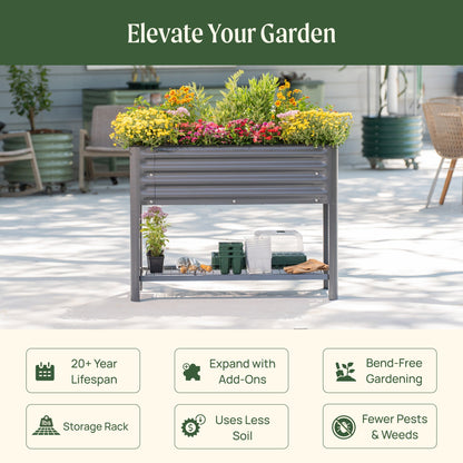 Slim elevated wooden garden bed on legs with soil and young vegetable seedlings against a patio background