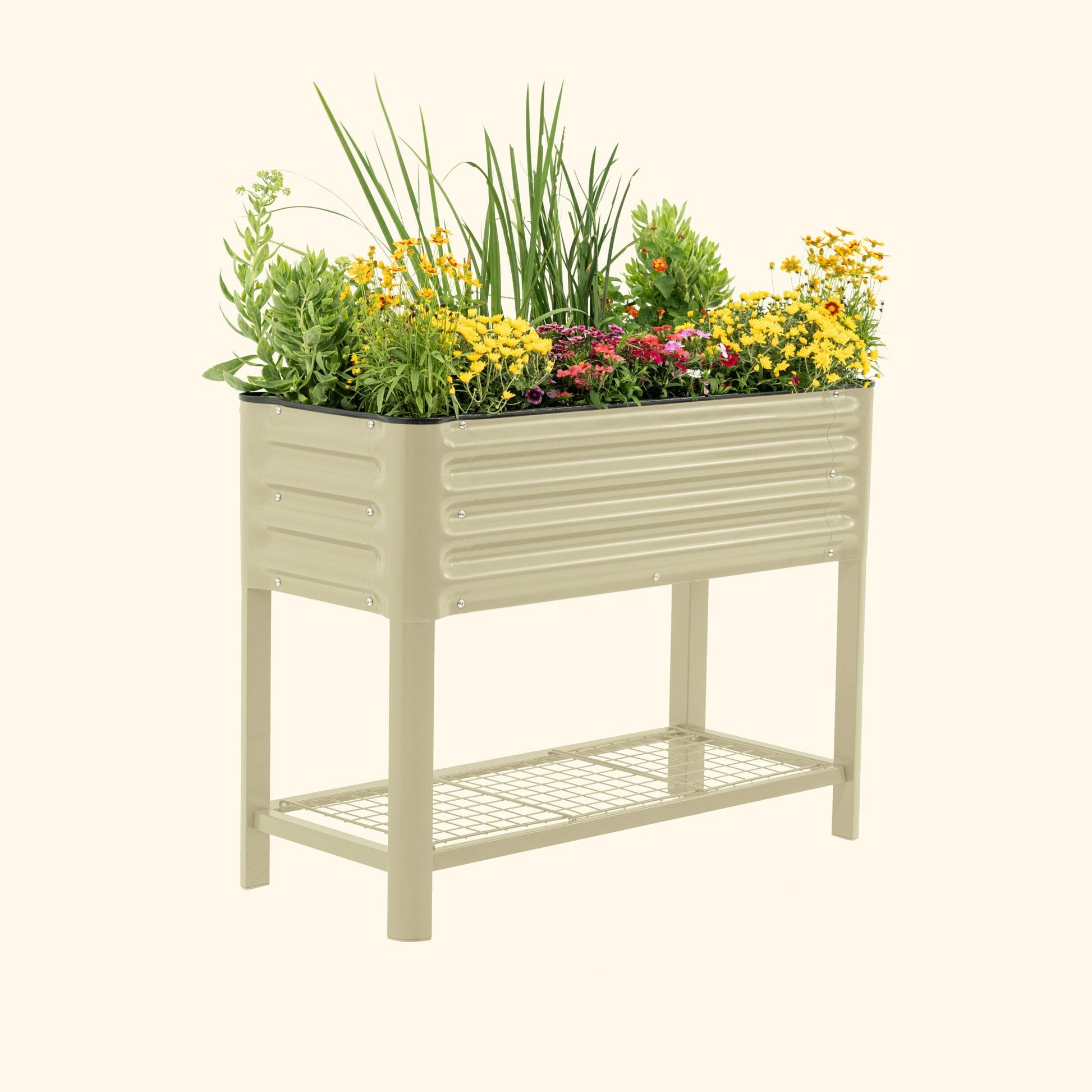 Slim elevated wooden garden bed filled with soil and small herbs on patio, compact raised planter for urban gardening