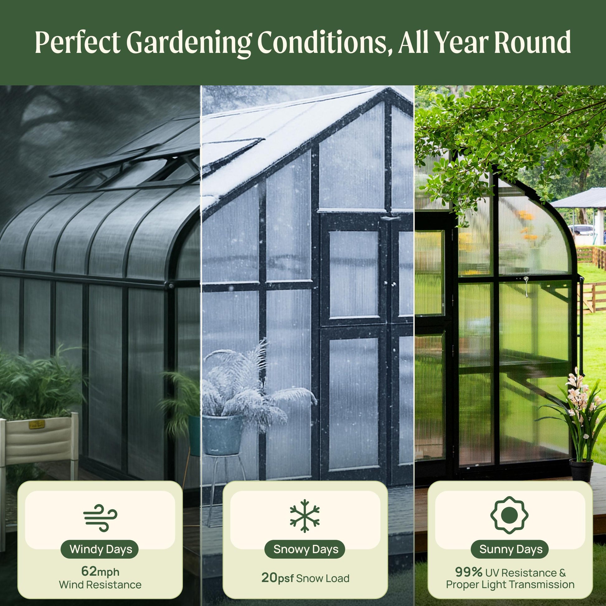 Large 10.5 ft wide steel-framed greenhouse with angled roof and clear panels set on a wooden deck surrounded by potted plants