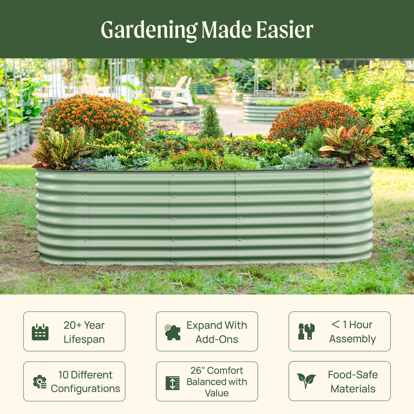 26-inch tall modular metal raised garden bed kit assembled outdoors with multiple planter sections and soil