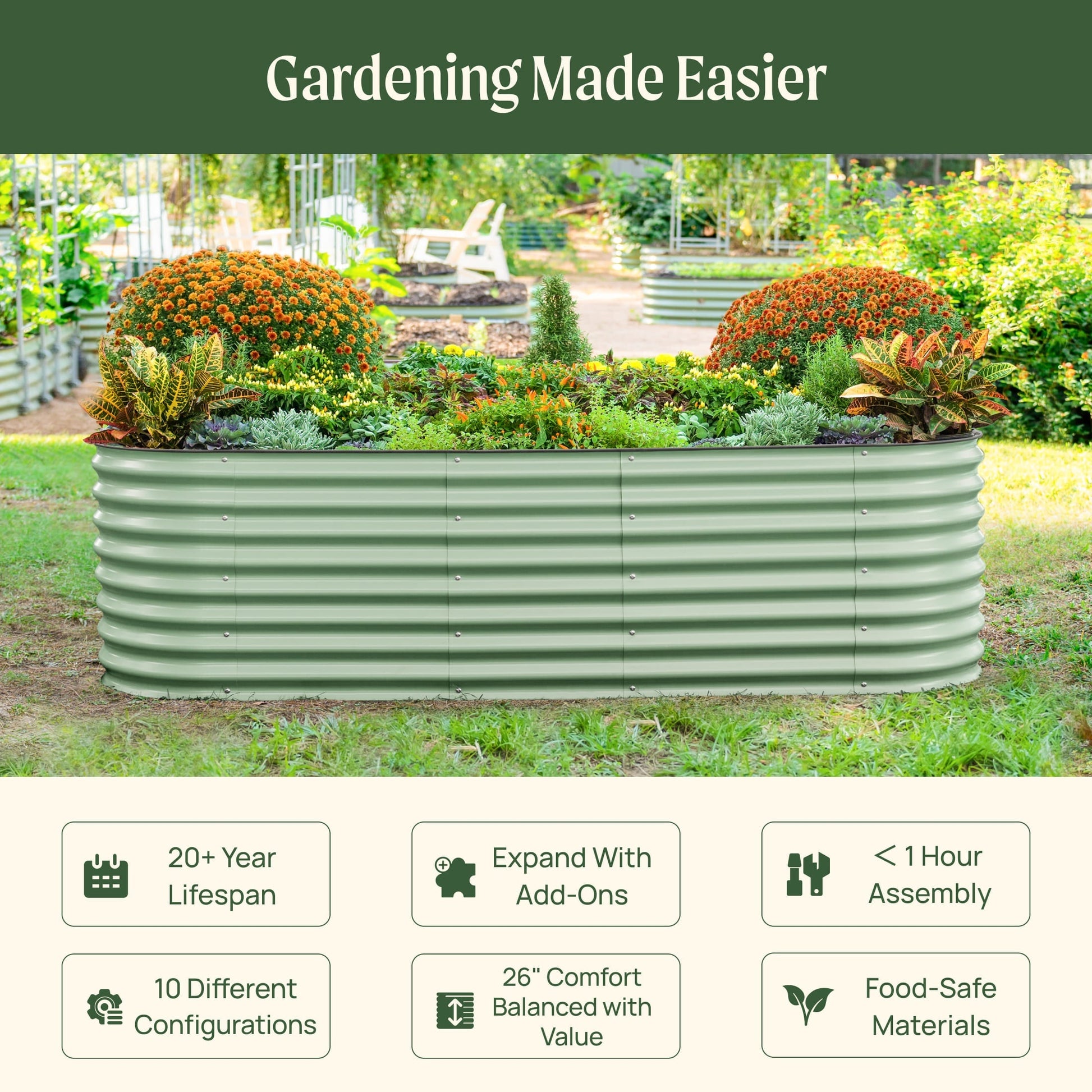 26-inch tall modular metal raised garden bed kit assembled outdoors with multiple planter sections and soil