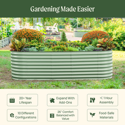 26-inch tall modular metal raised garden bed kit assembled outdoors with multiple planter sections and soil