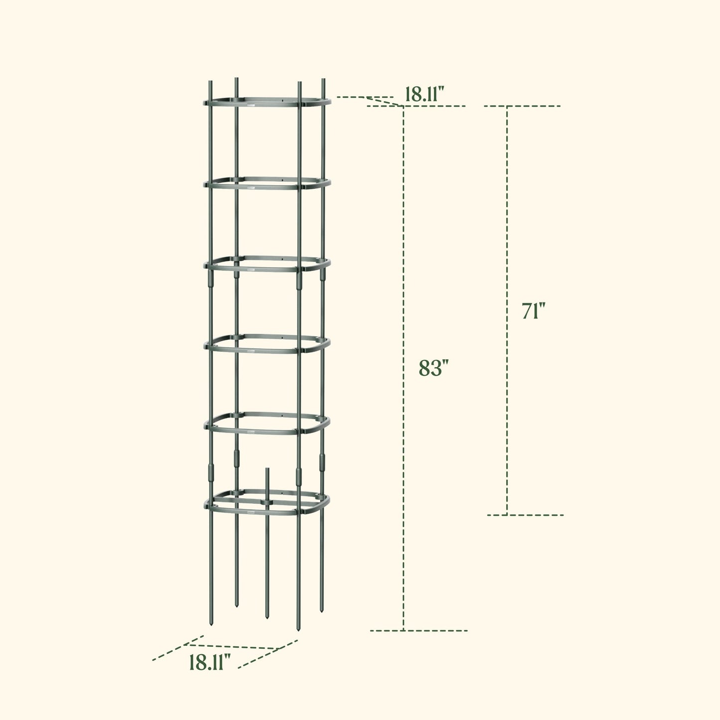 Three 6-tier metal tomato support towers arranged in a garden bed holding tall tomato plants with lush green foliage
