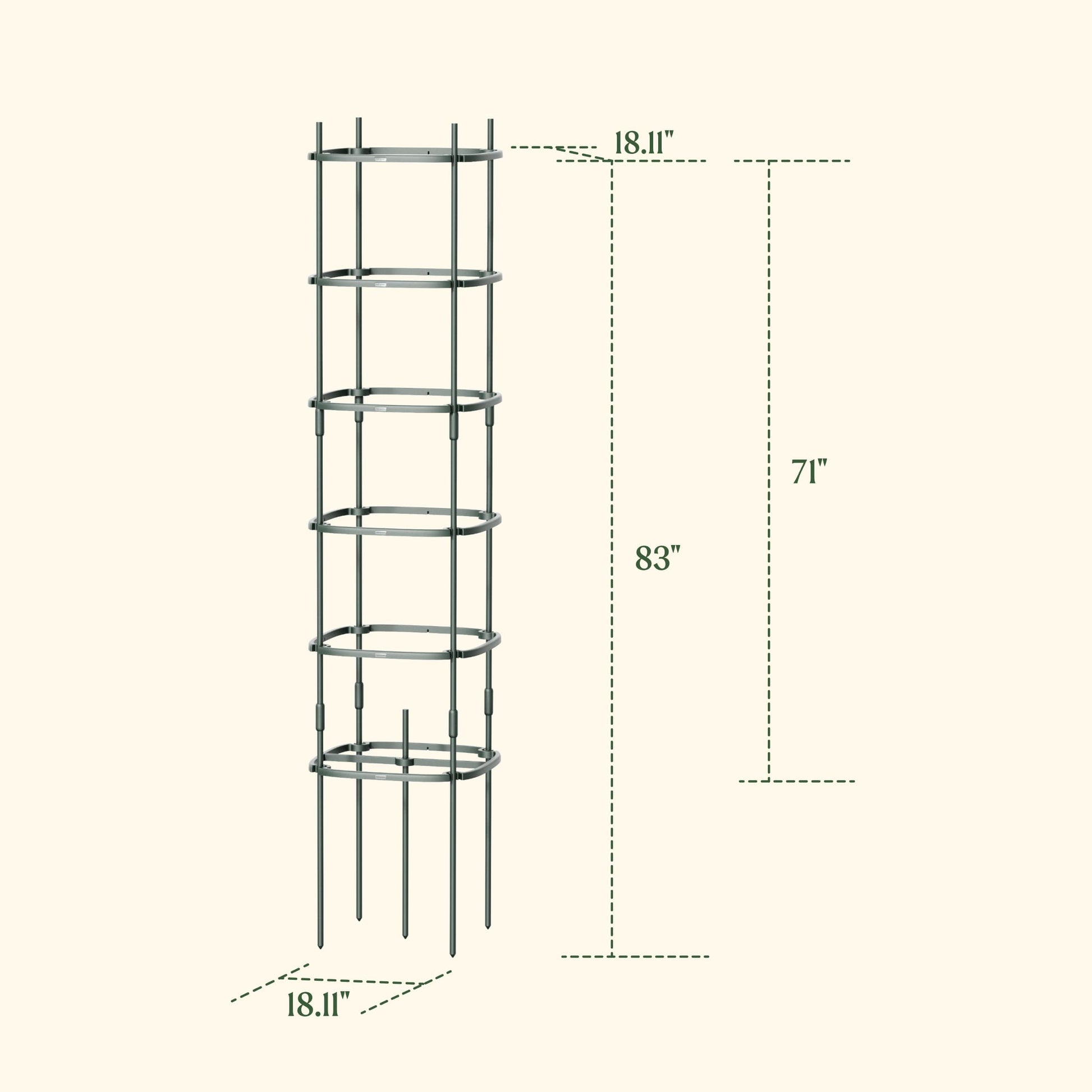 Three 6-tier metal tomato support towers arranged in a garden bed holding tall tomato plants with lush green foliage