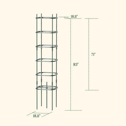 Three 6-tier metal tomato support towers arranged in a garden bed holding tall tomato plants with lush green foliage