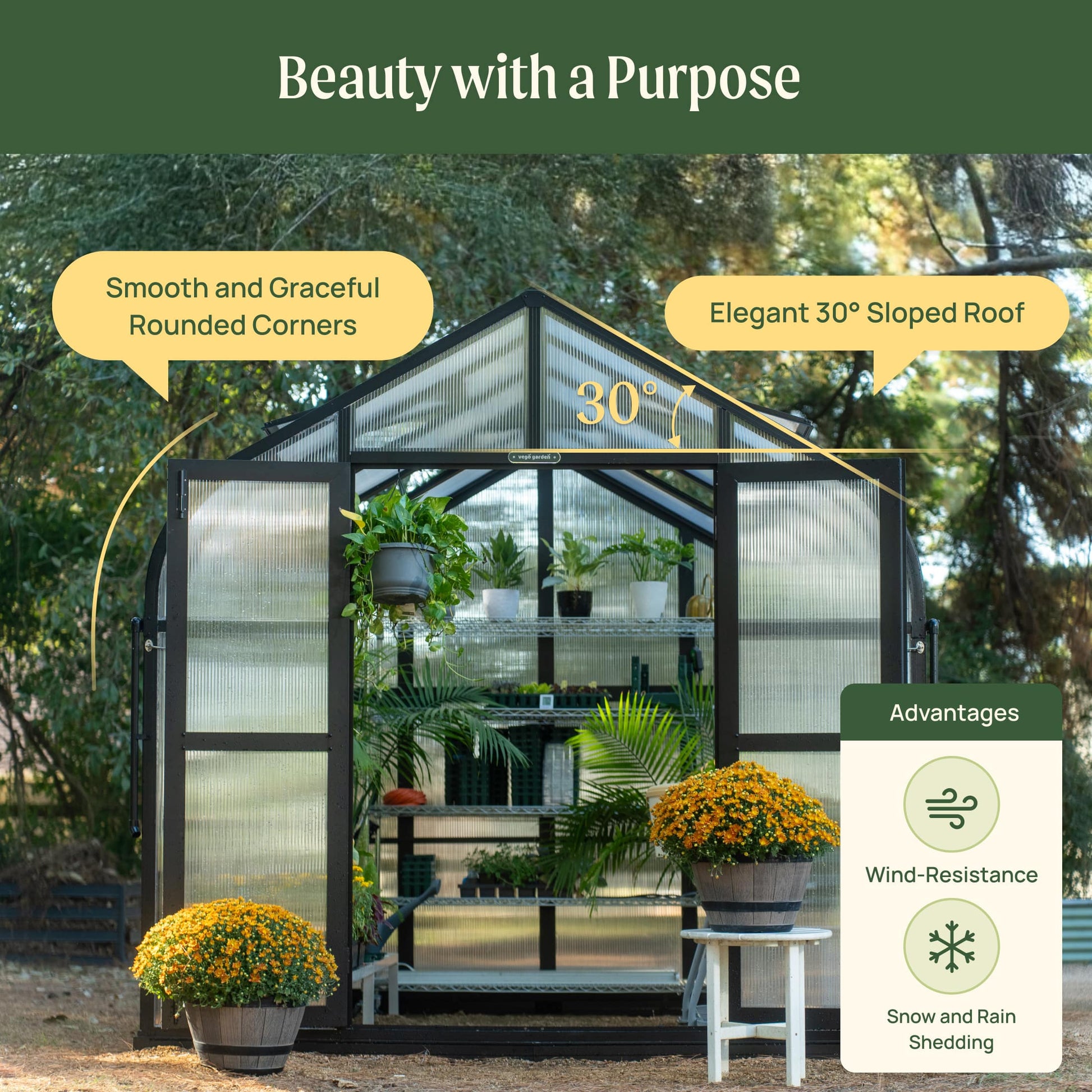 Large 8.5ft-wide green metal greenhouse with clear panels, pitched roof, and sliding door in a backyard garden