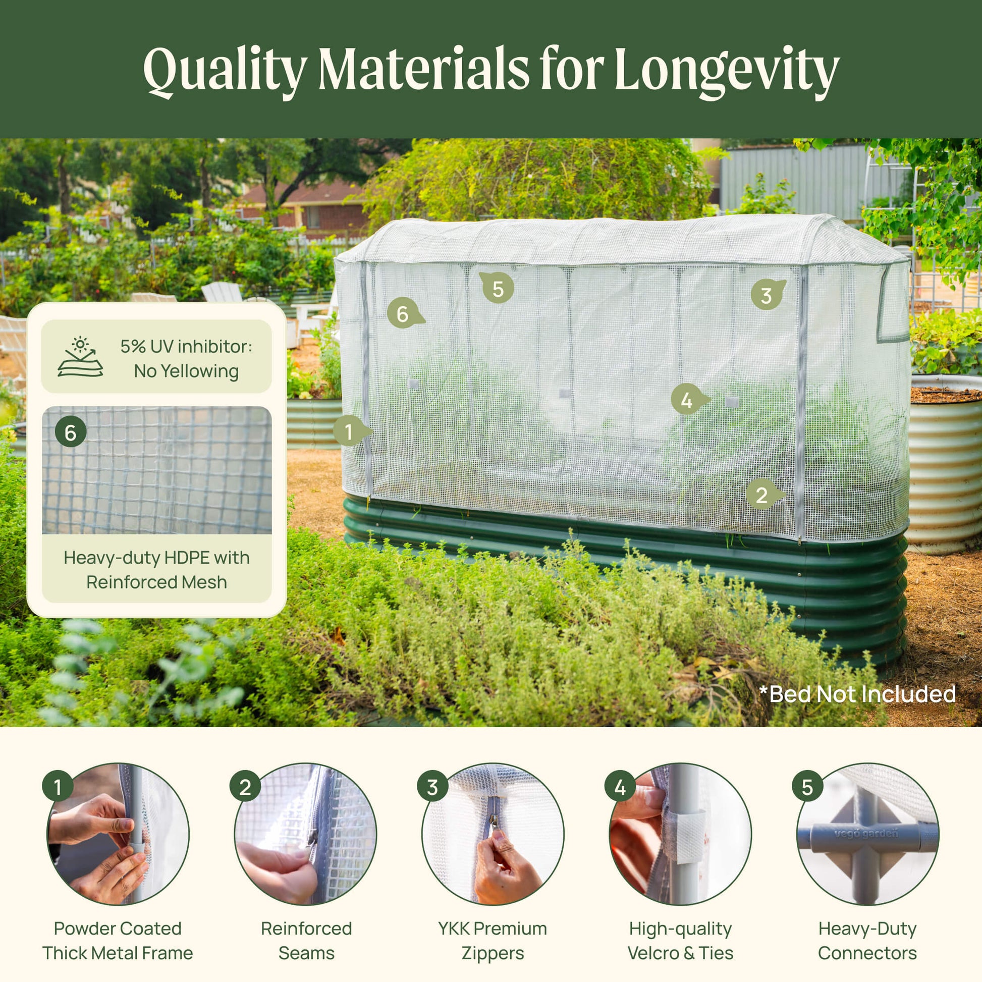 Frost protection garden cover with built-in trellis supporting climbing plants in a raised bed