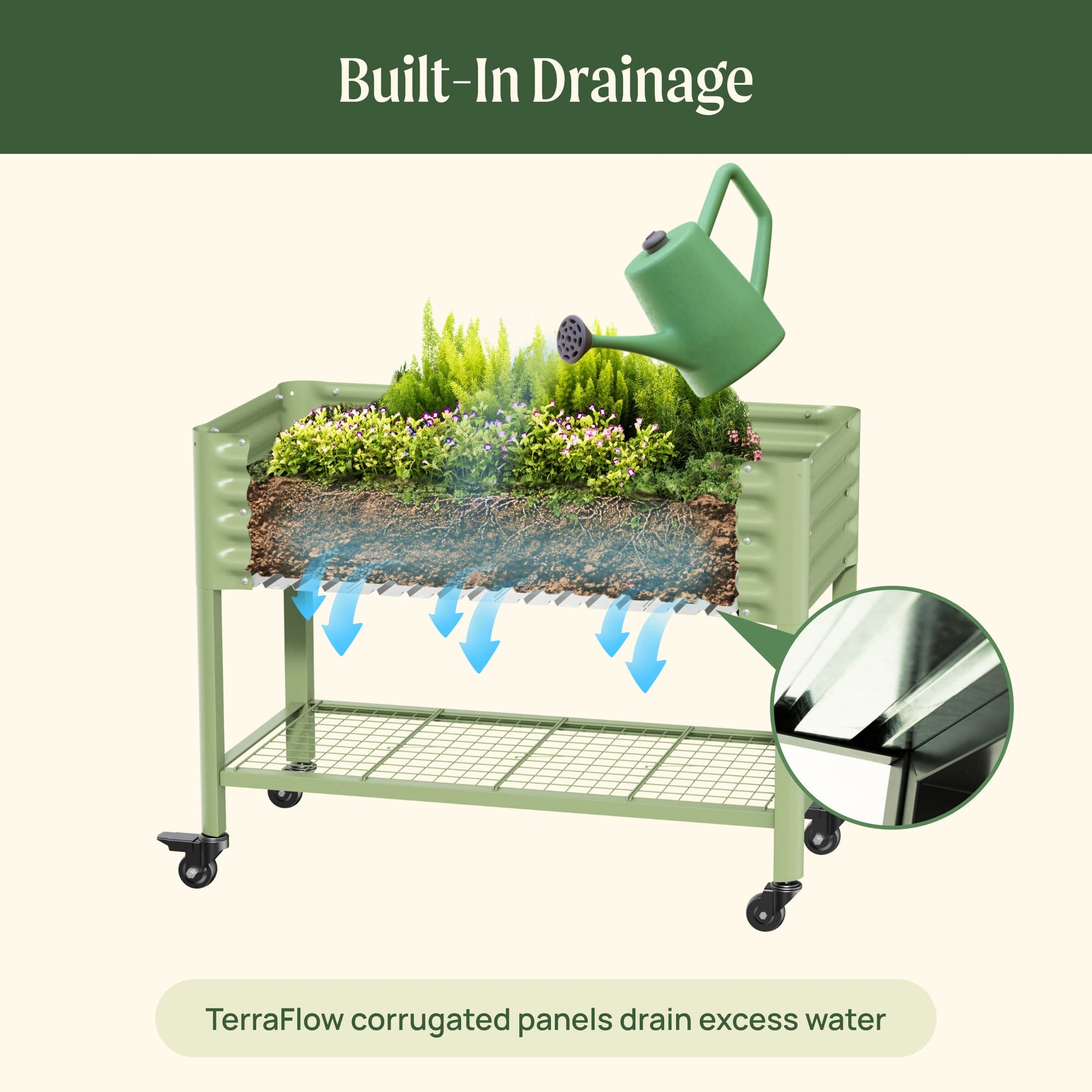 Long raised garden bed planter with dark wood panels and corner posts set on a grassy backyard