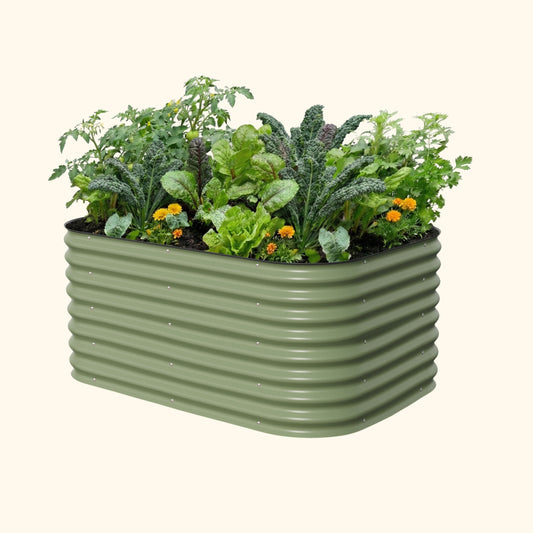 26-inch tall modular 6‑in‑1 metal raised garden bed assembled with soil and mixed vegetables