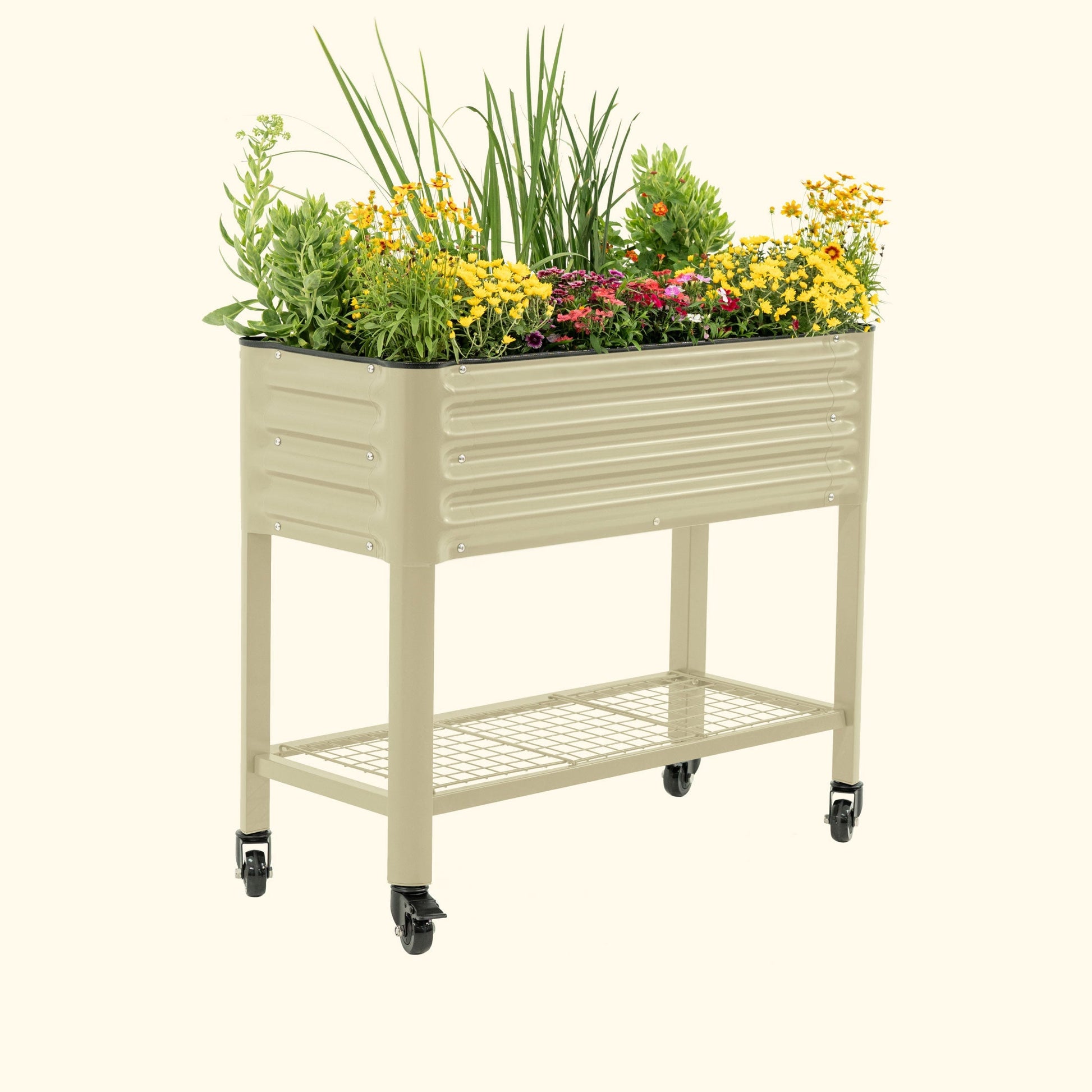Slim elevated garden bed with slatted wooden sides and metal legs for compact raised planting