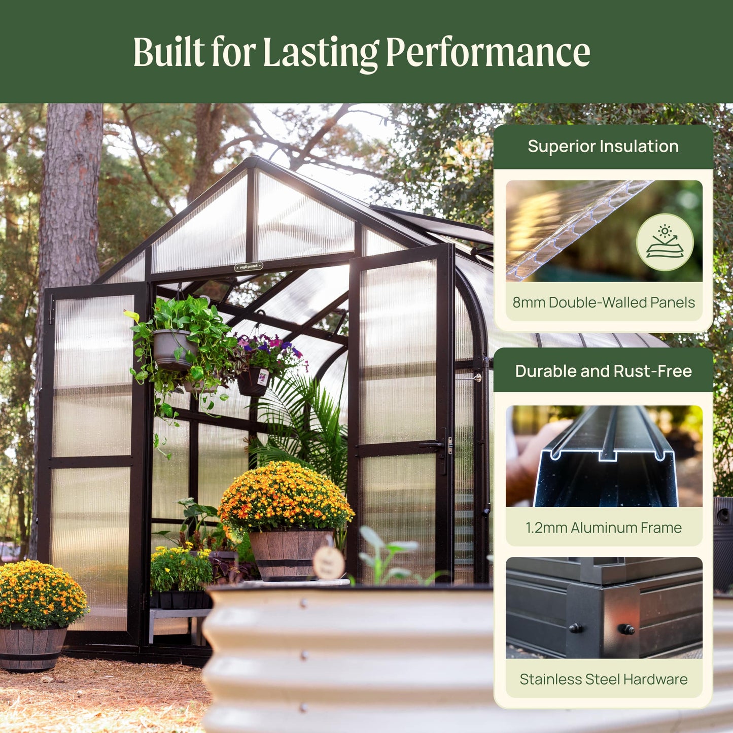 8.5ft wide greenhouse exterior with peaked roof, clear panels, and sliding door set on gravel path