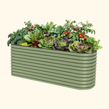 Extra-tall modular metal raised garden bed assembled outdoors with lush vegetables and herbs in a backyard