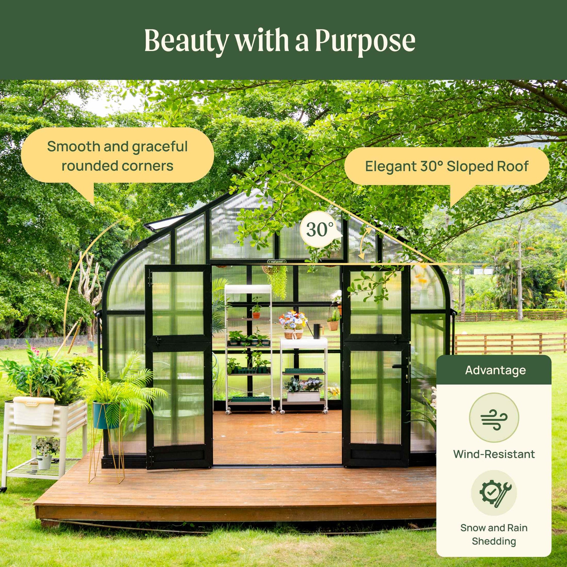 Large 10.5 ft wide metal-frame greenhouse with clear poly panels standing in a sunny backyard garden