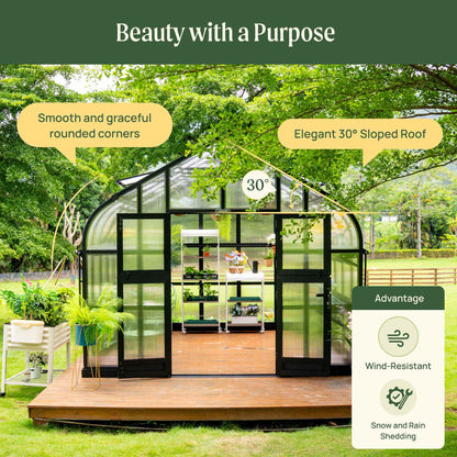Large 10.5 ft wide metal-frame greenhouse with clear poly panels standing in a sunny backyard garden