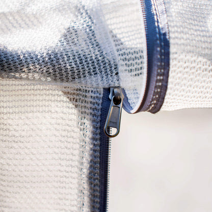 Expandable mesh cover system with ventilated panels and zippered access for protecting plants from pests and weather