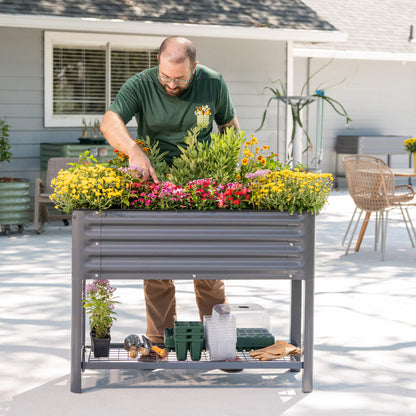 Slim elevated wooden garden bed with lattice sides and soil, ideal for herbs and small vegetables