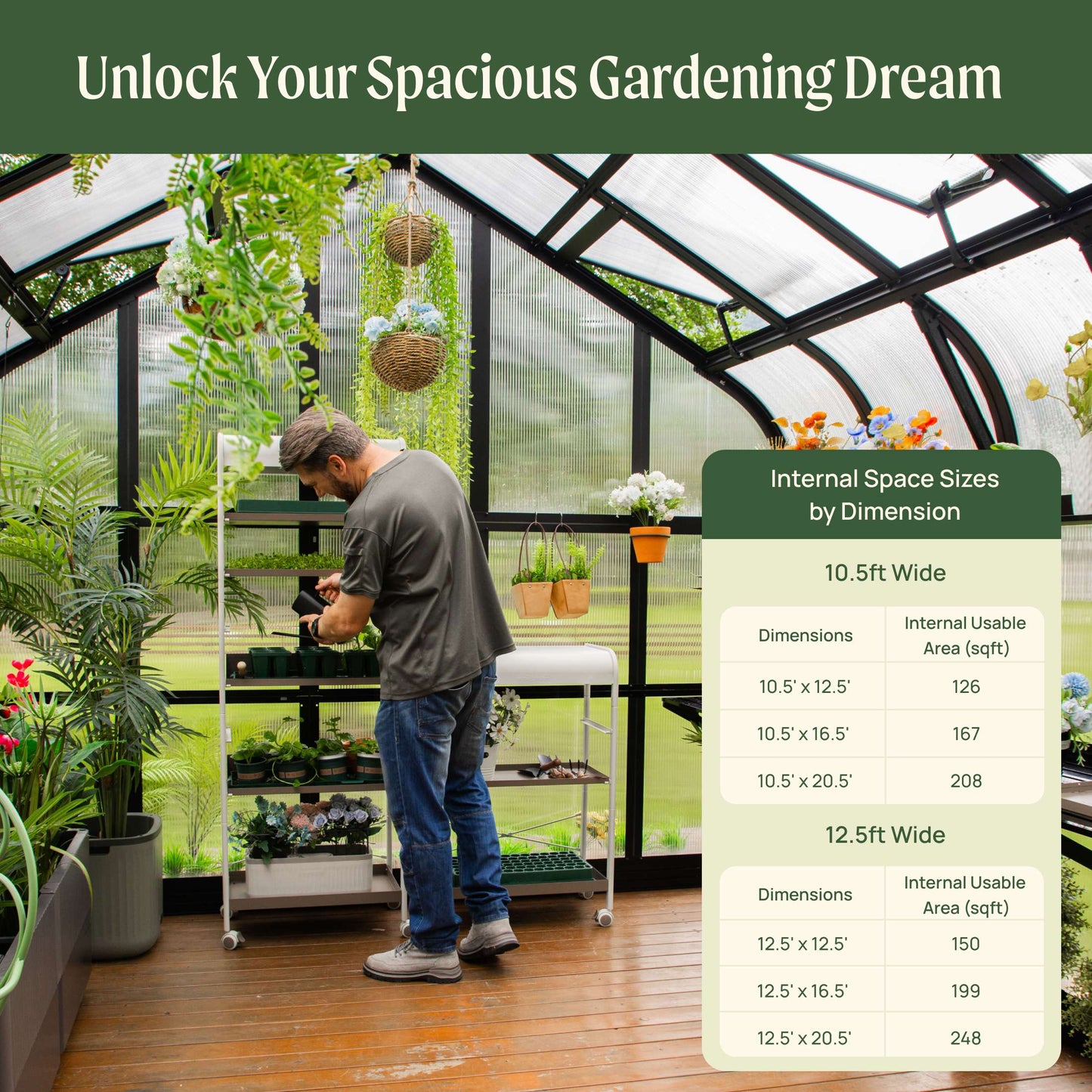 Wide Pacific greenhouse model with arched roof and clear panels next to a garden, shown from a side angle