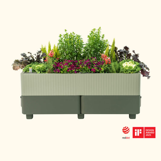 Long raised self-watering planter box with built-in water reservoir for container gardening