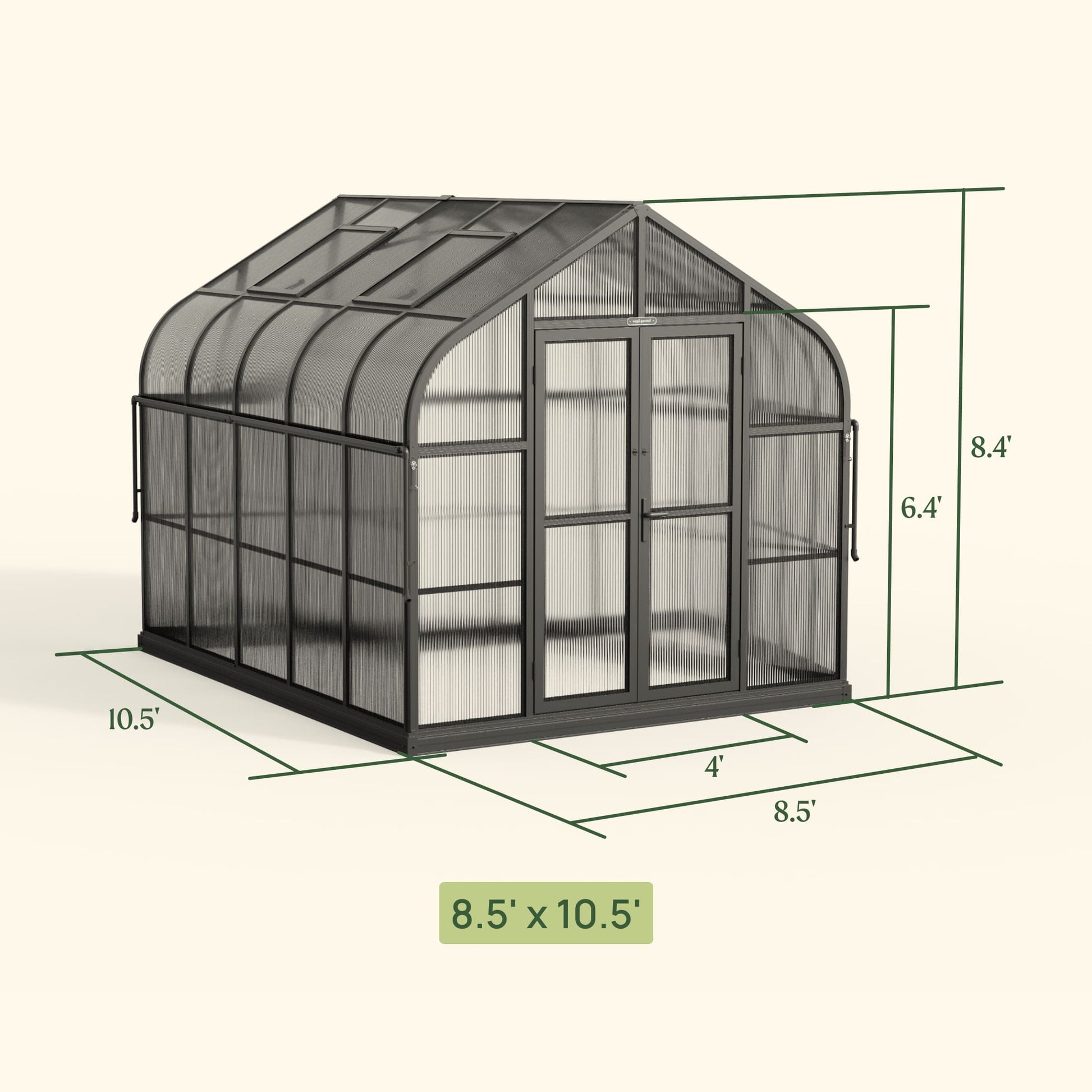 8.5ft-wide outdoor greenhouse with clear panels and metal frame set on a grassy backyard near garden beds