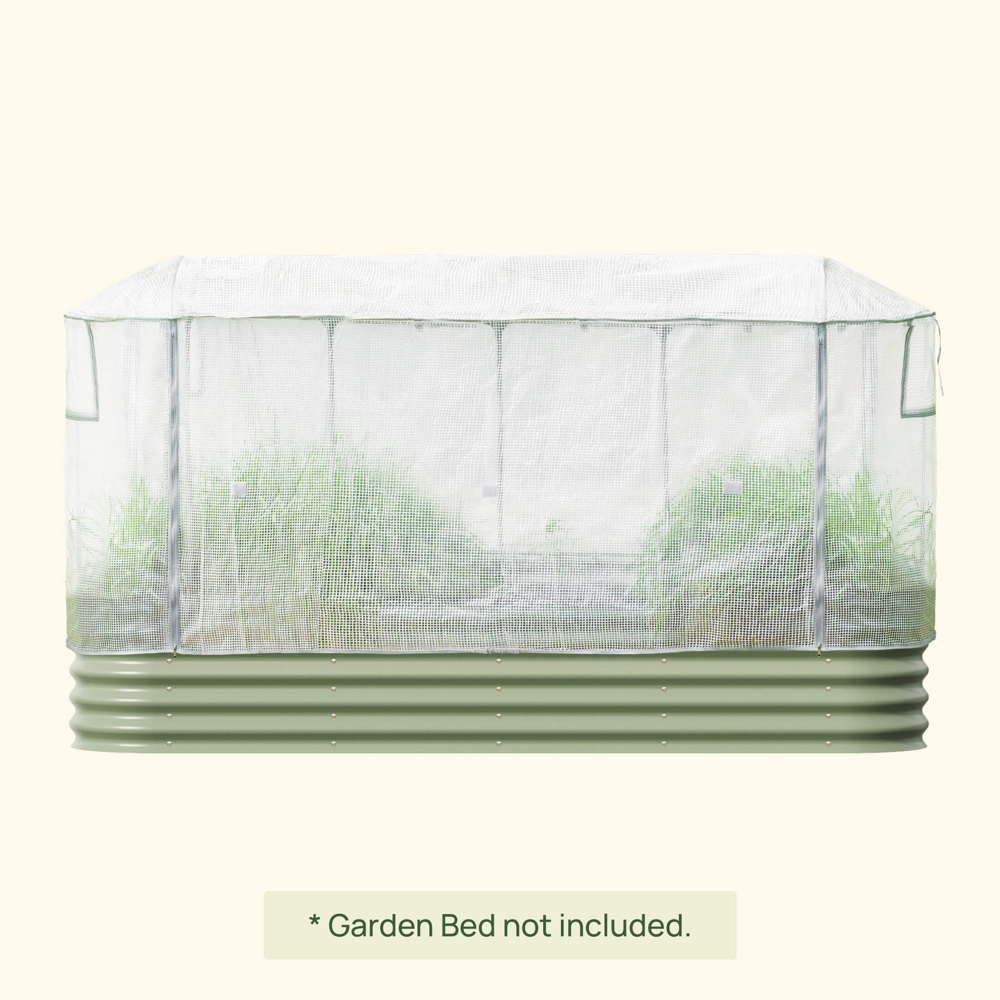 Clear frost protection cover with built-in trellis supporting climbing plants in a backyard garden bed