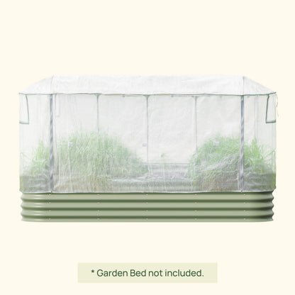 Clear frost protection cover with built-in trellis supporting climbing plants in a backyard garden bed