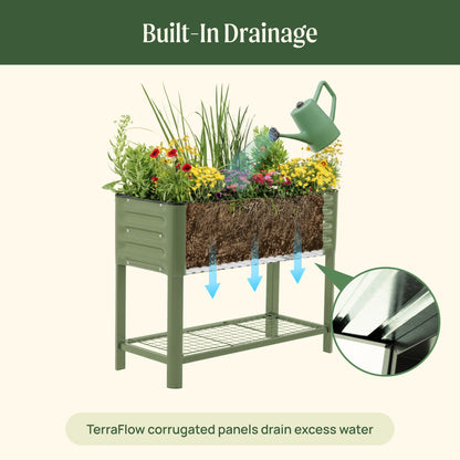 Slim elevated wooden garden bed with soil and herbs, 1.5' x 3.5', shown against a backyard deck