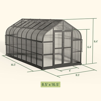 Spacious greenhouse with arched roof and sliding doors set in a sunlit backyard garden