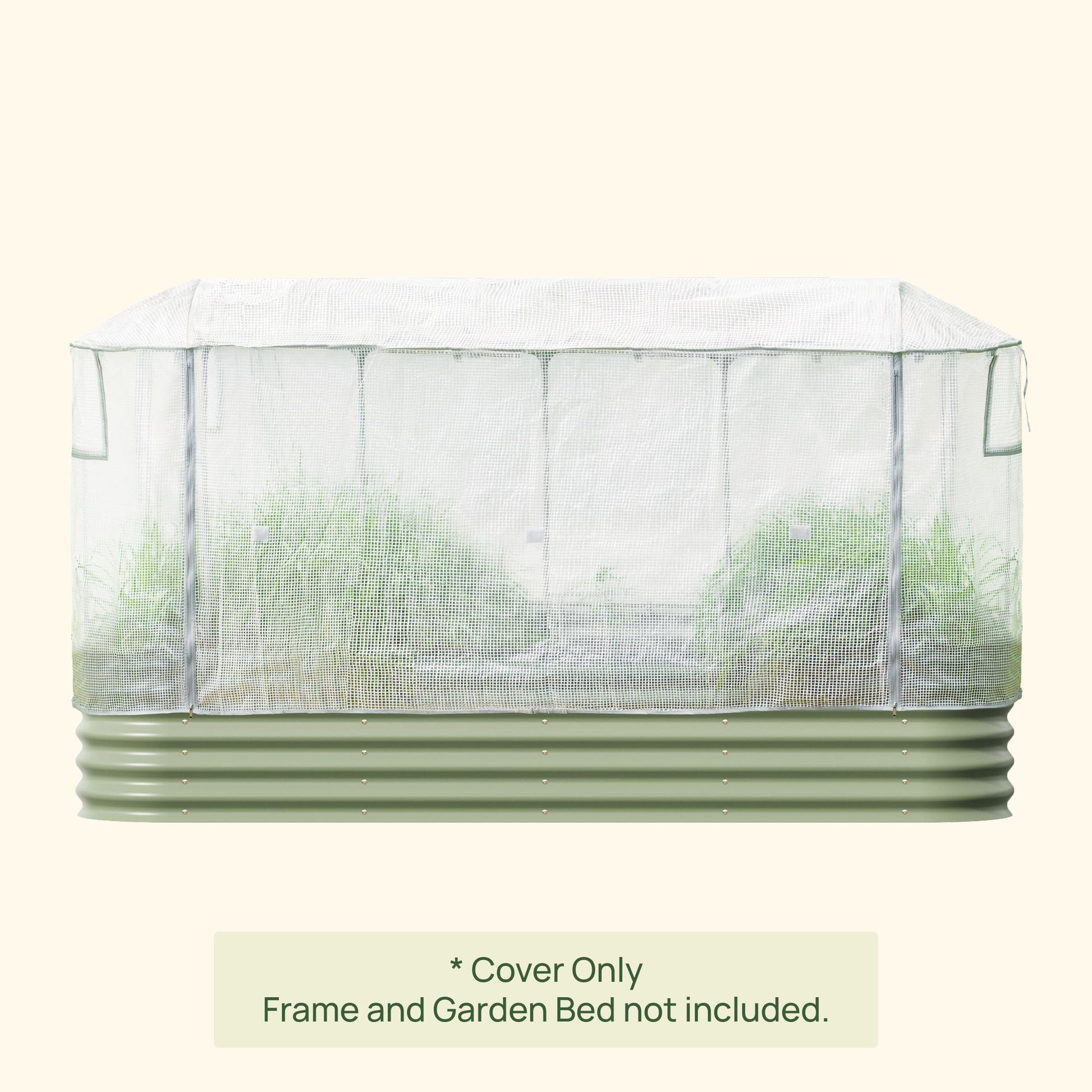 Clear frost protection cover with built-in trellis frame sheltering young climbing plants in a garden bed