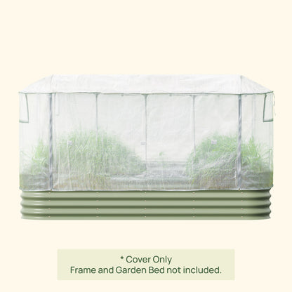 Clear frost protection cover with built-in trellis frame sheltering young climbing plants in a garden bed