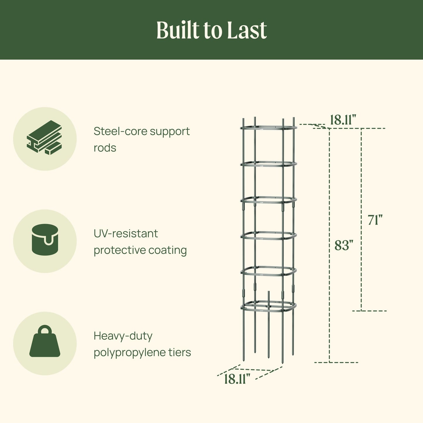 Three 6-tier metal tomato support towers arranged in a garden bed with climbing tomato plants