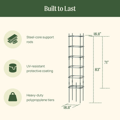 Three 6-tier metal tomato support towers arranged in a garden bed with climbing tomato plants
