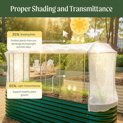 Mesh cover system stretched over garden bed frame to protect plants while allowing airflow