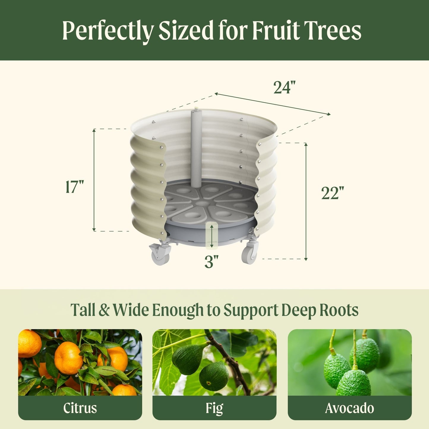 Large 30-gallon self-watering rolling planter with citrus tree and integrated wheels for easy repositioning