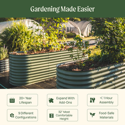 Extra-tall 32-inch modular metal raised garden bed showing layered sections and corner connectors in a backyard