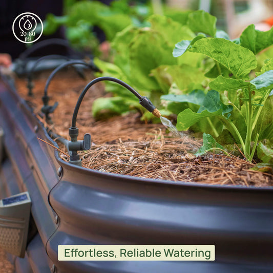 Starter kit with drip irrigation components, tubing and emitters for automated garden watering