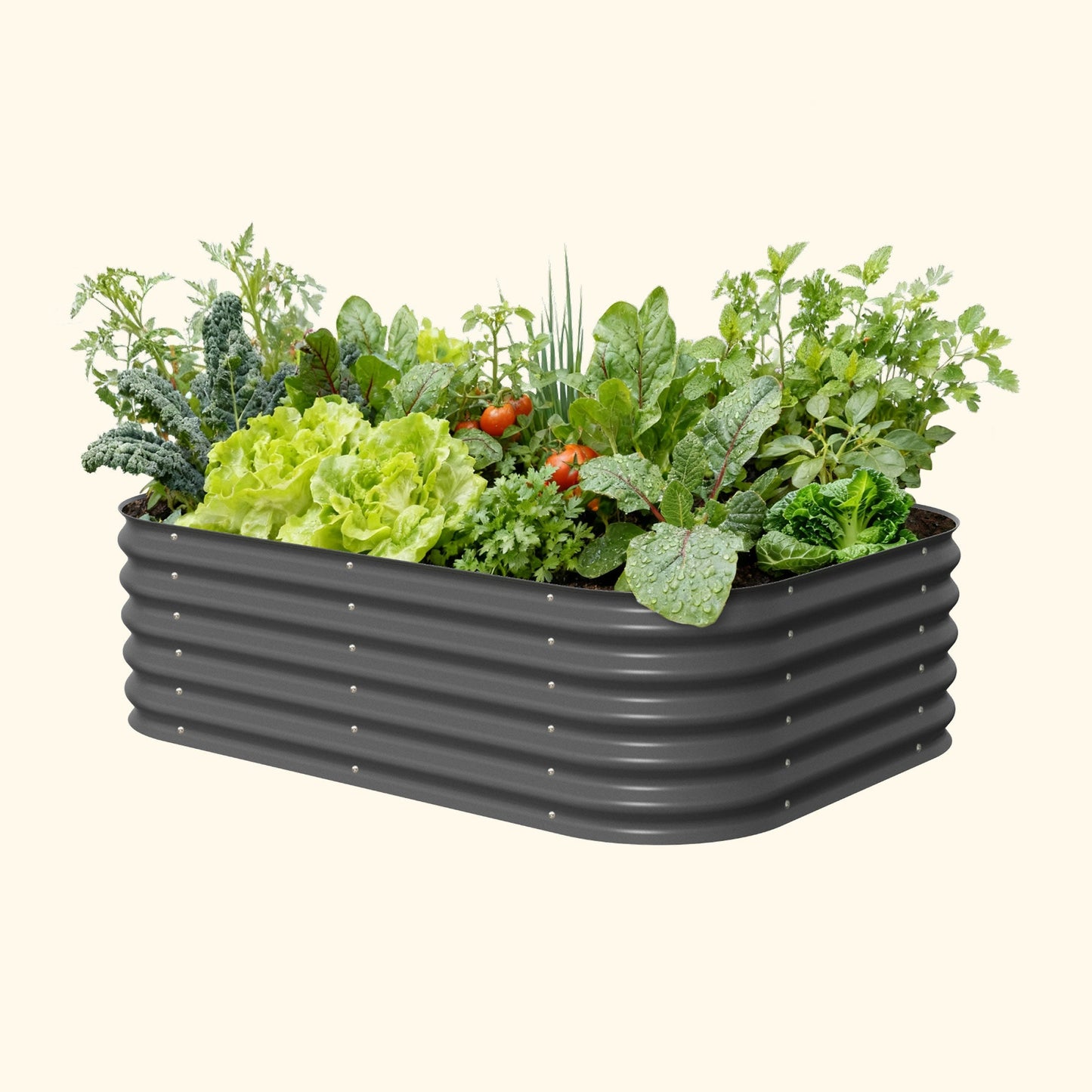 Six-panel modular metal raised garden bed assembled outdoors, 17" tall with soil and young plants