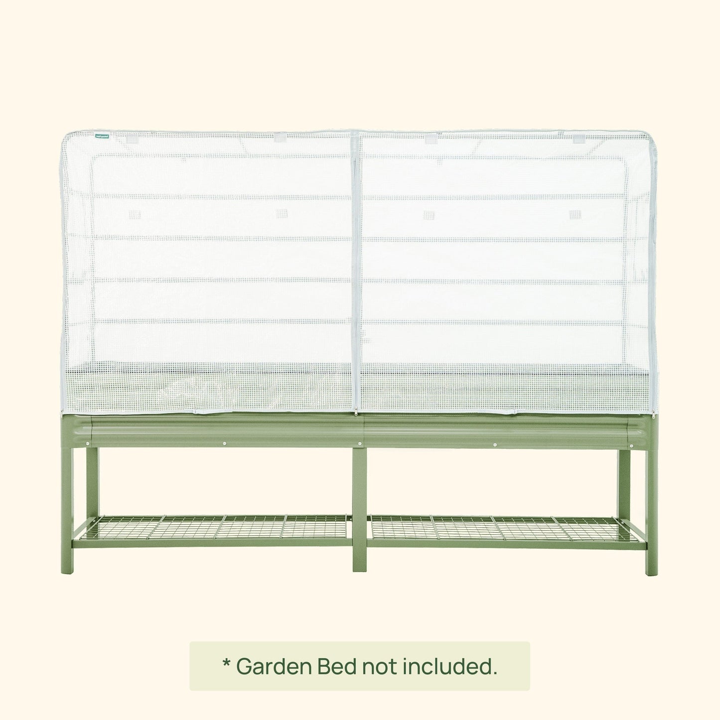 Green frost cover with integrated trellis draped over an elevated garden bed protecting plants
