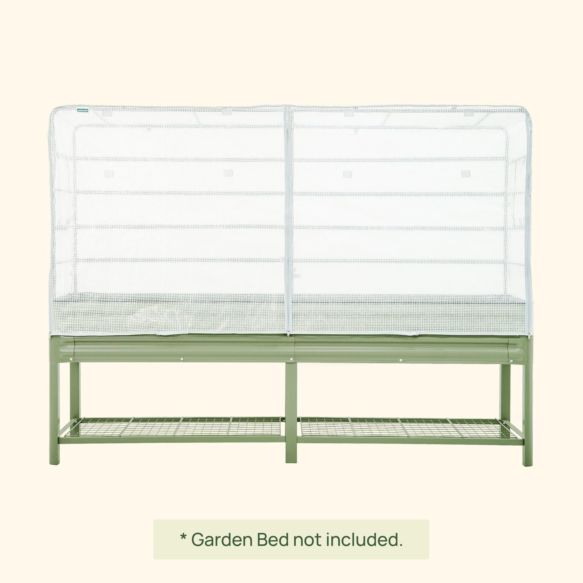 Green frost cover with integrated trellis draped over an elevated garden bed protecting plants