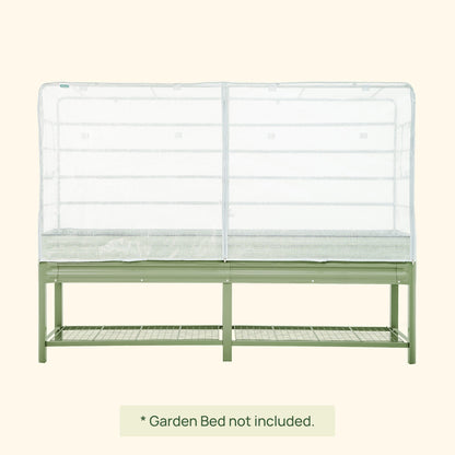 Green frost cover with integrated trellis draped over an elevated garden bed protecting plants