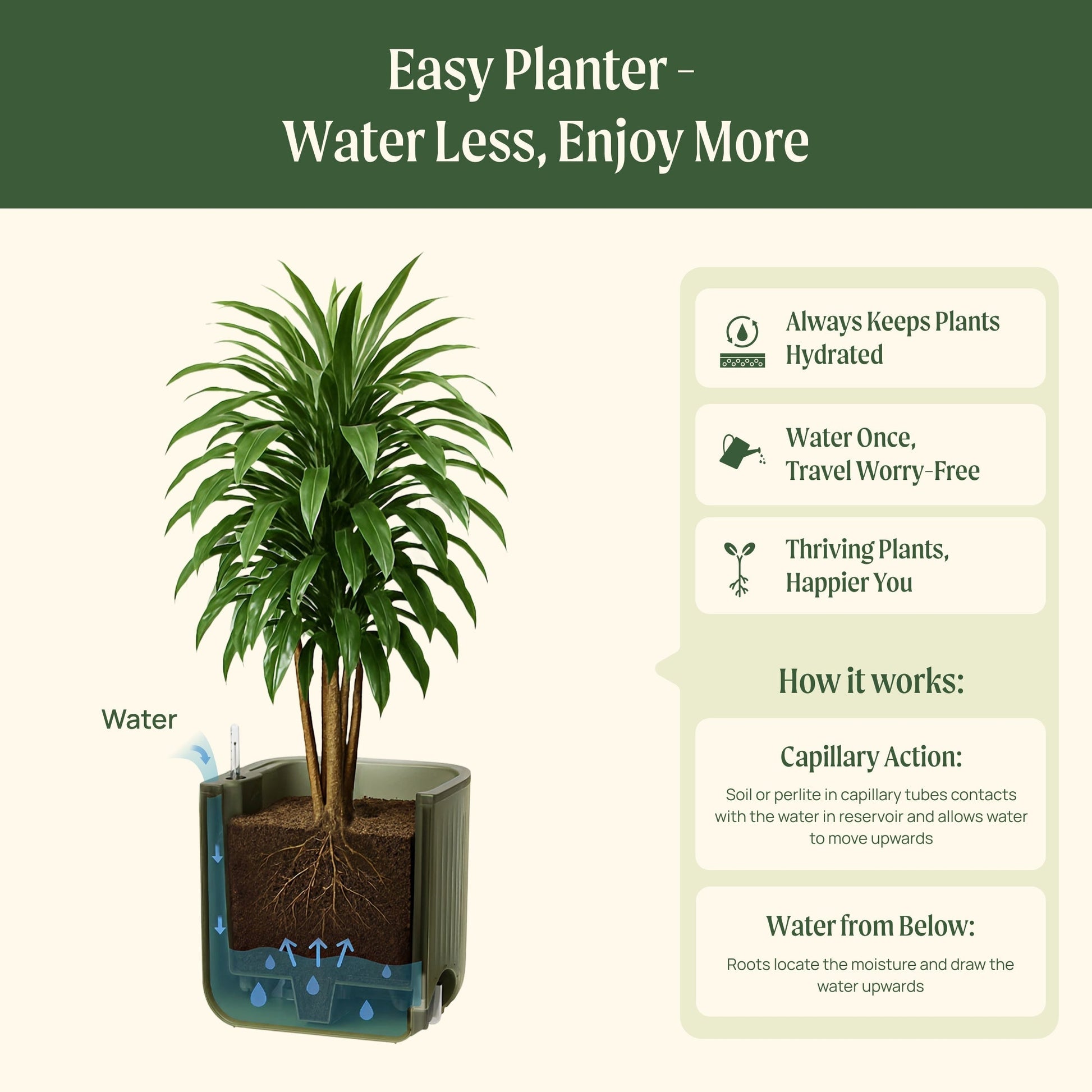 Self-watering tomato planter with built-in trellis supporting a lush, fruiting tomato plant on a patio