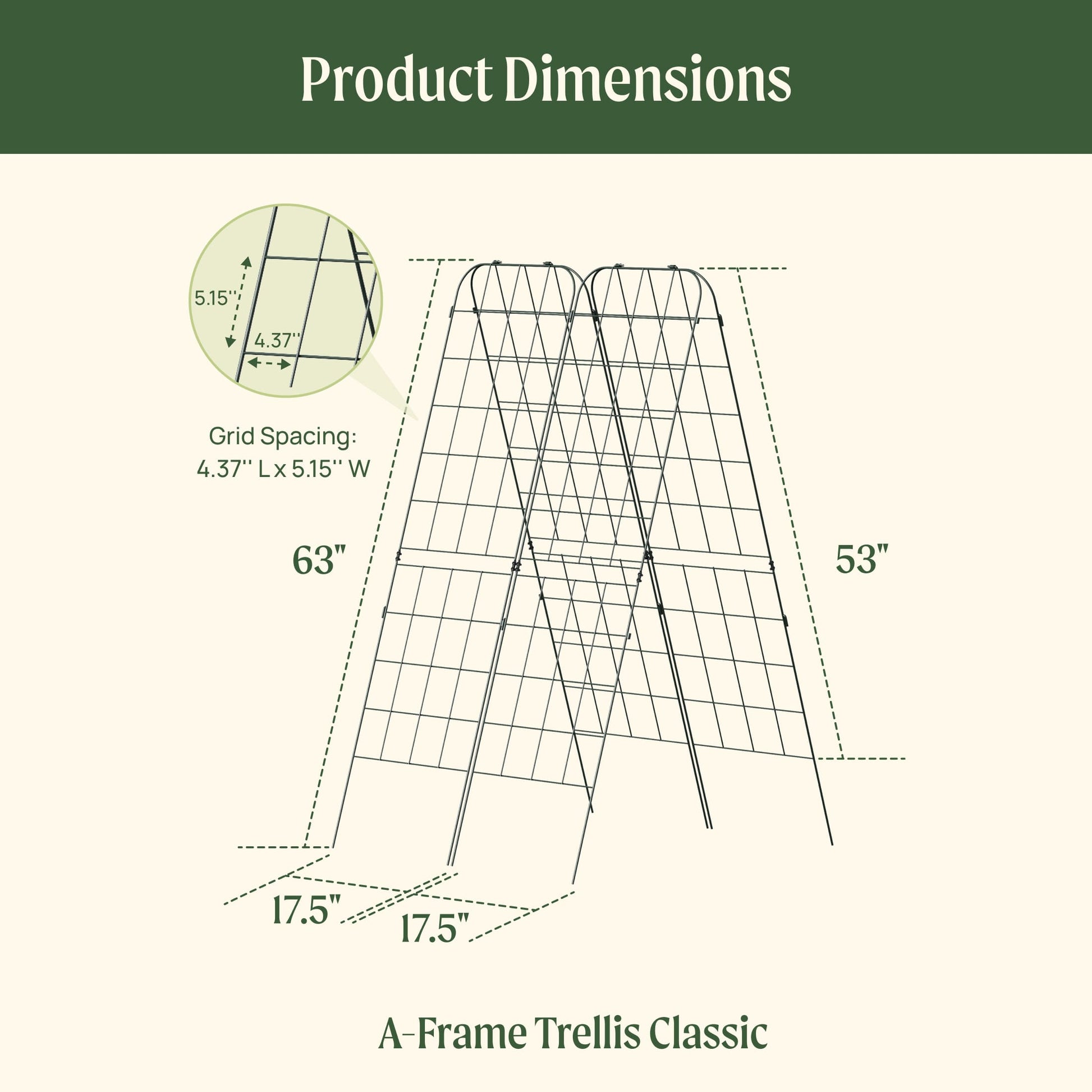 Pair of black A-frame metal garden trellises set against green foliage, showing triangular supports and grid pattern