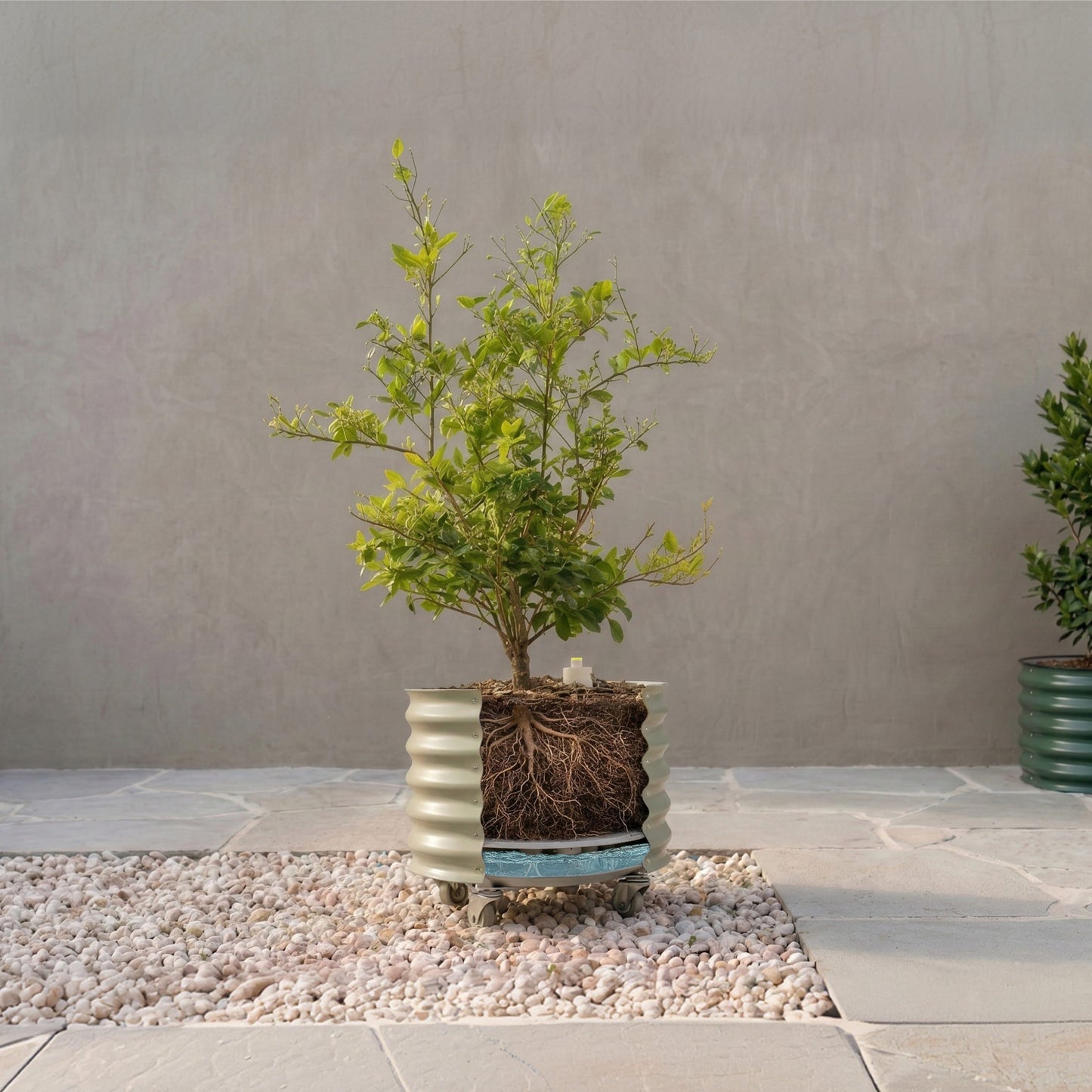 Large beige self-watering rolling planter on wheels holding a lush citrus tree with glossy green leaves