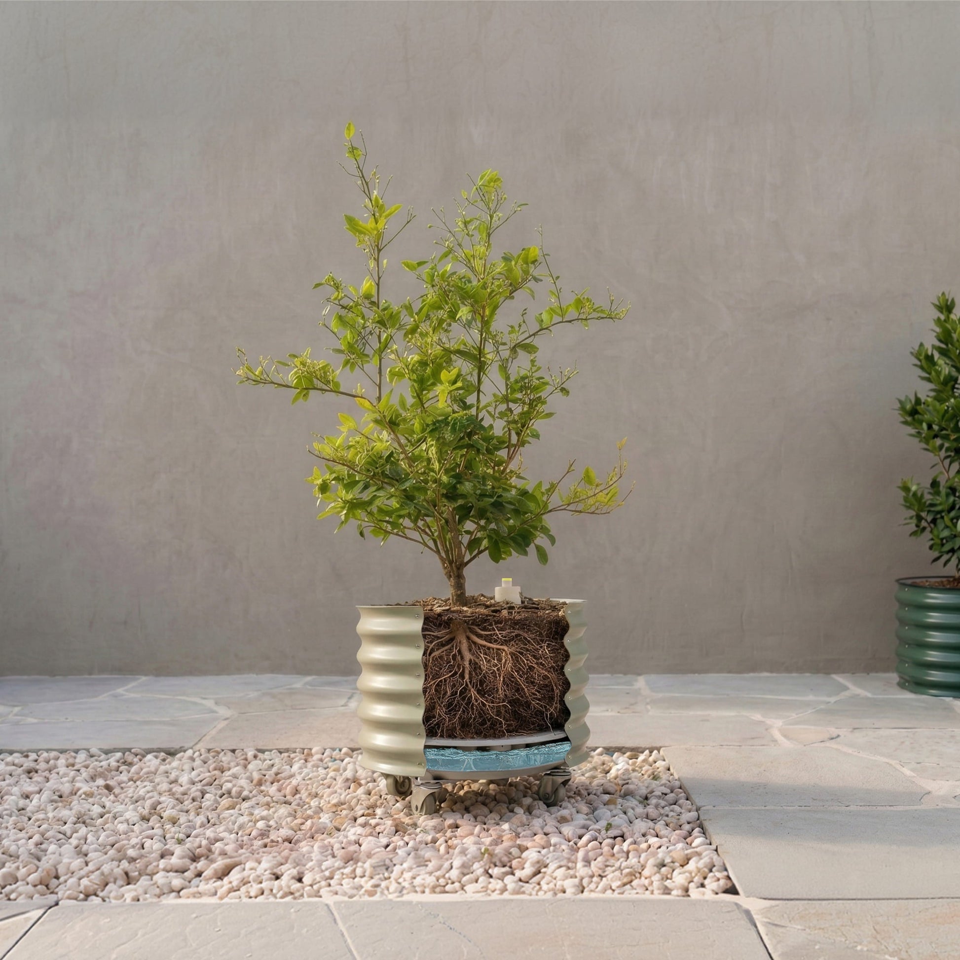 Large beige self-watering rolling planter on wheels holding a lush citrus tree with glossy green leaves