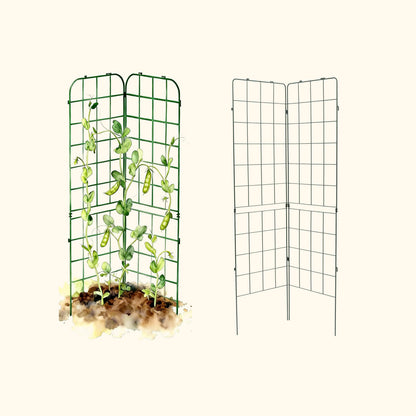 Two wooden A-frame garden trellises set up in a backyard supporting climbing vines and potted plants